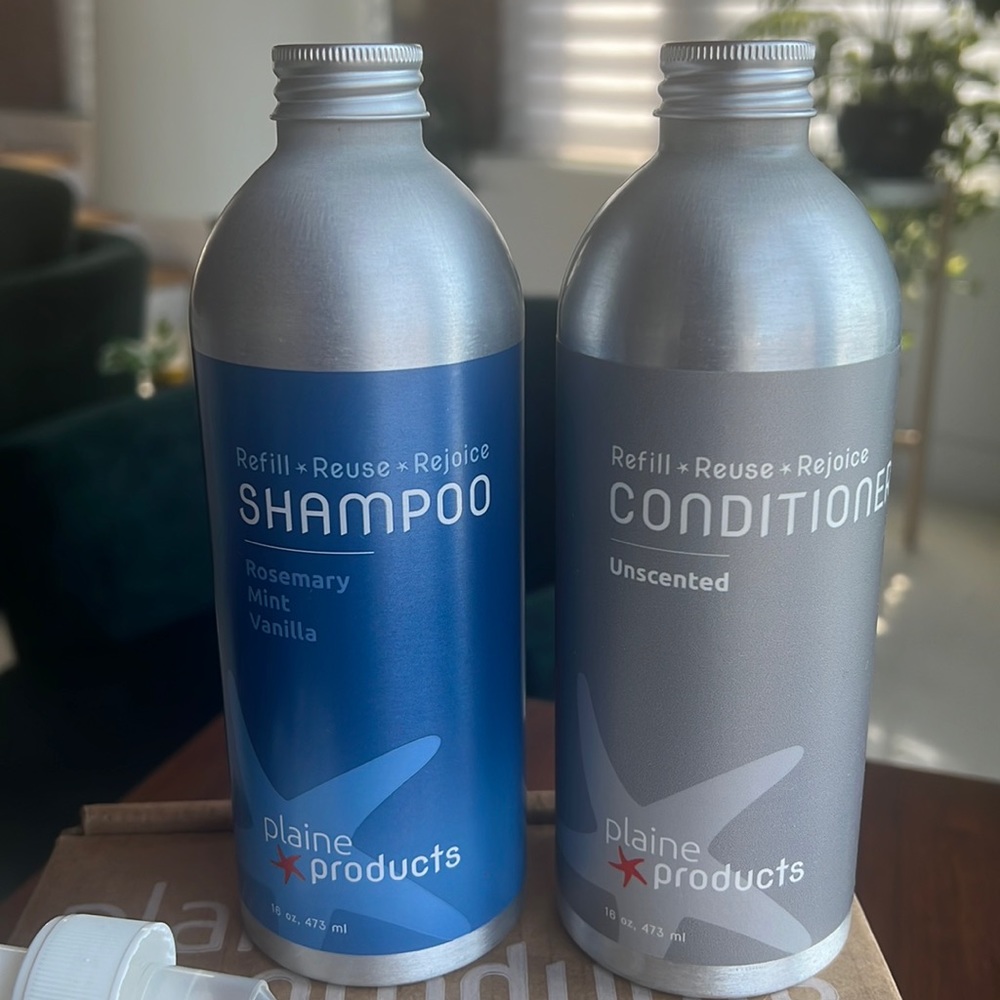 Plaine Products shampoo and conditioner set with pumps